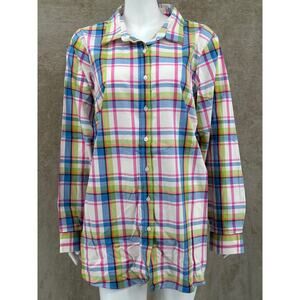 Lands End Top Womens 26W Multicolor Plaid Button Up No Iron Supima Cotton Office